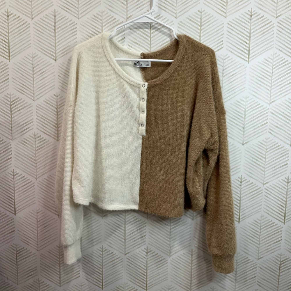 Hollister Cream and Brown Button-Up Sweater